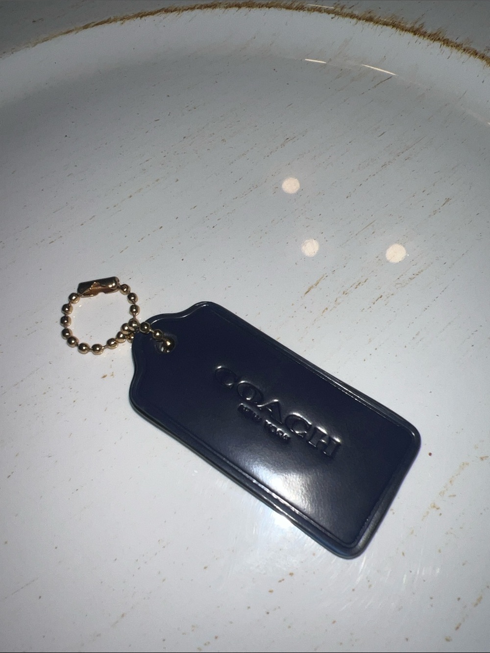 Coach Navy Leather Tag Key Ring with Gold Chain